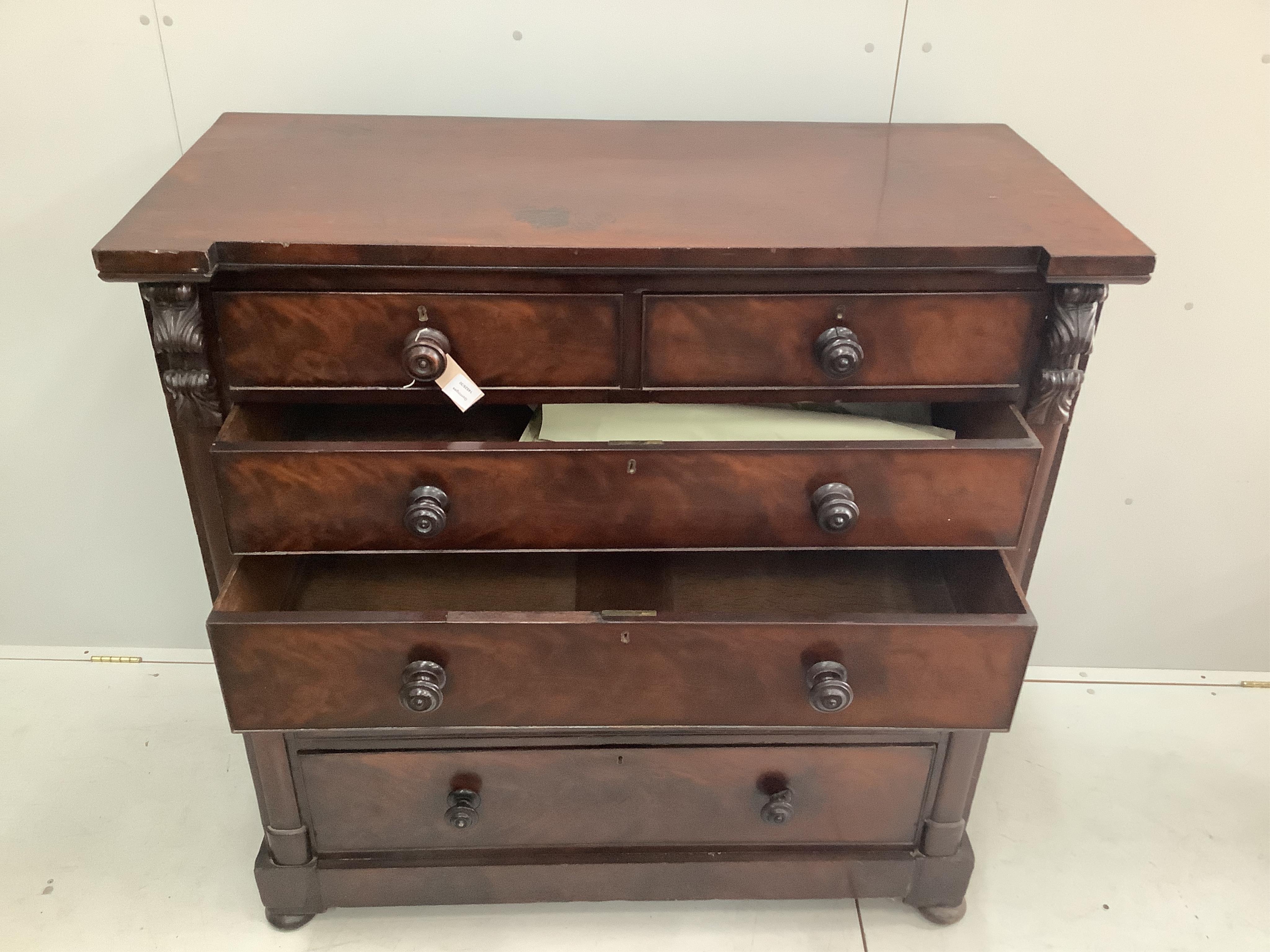 An early Victorian Scottish mahogany chest of drawers, width 121cm, depth 56cm, height 125cm. Condition - fair